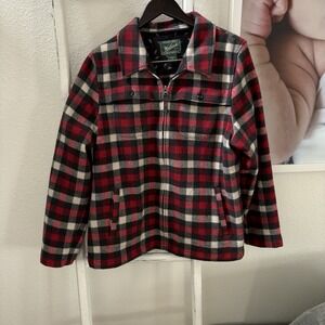 Woolrich Red Rubi Grey Plaid Long Sleeve Full Zip Shaket Jacket Wool X Womens XL